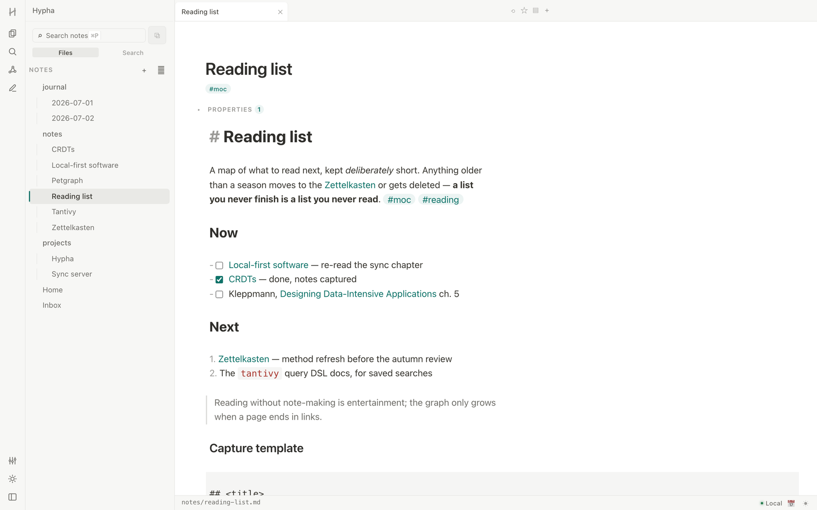 Hypha's live-preview markdown editor showing a Reading list note with rendered wikilinks, tags, tasks and a code block, next to the file tree sidebar